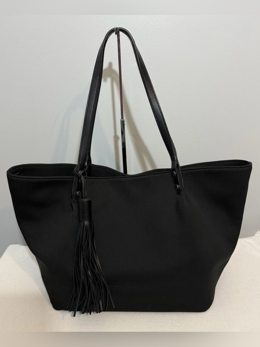 Marla Wynne Tote Bag Black Neoprene with Leather Trim Adjustable Sides & Tassel